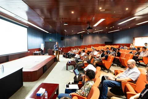 Wide lecture hall speaker audience