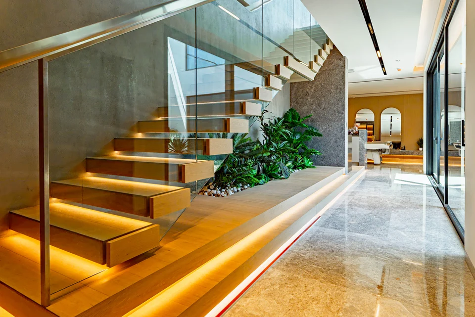 Floating stairs warm interior light