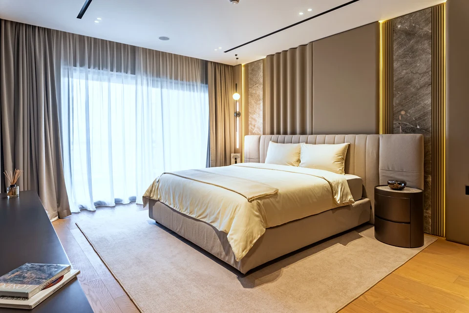Neutral bedroom soft window light