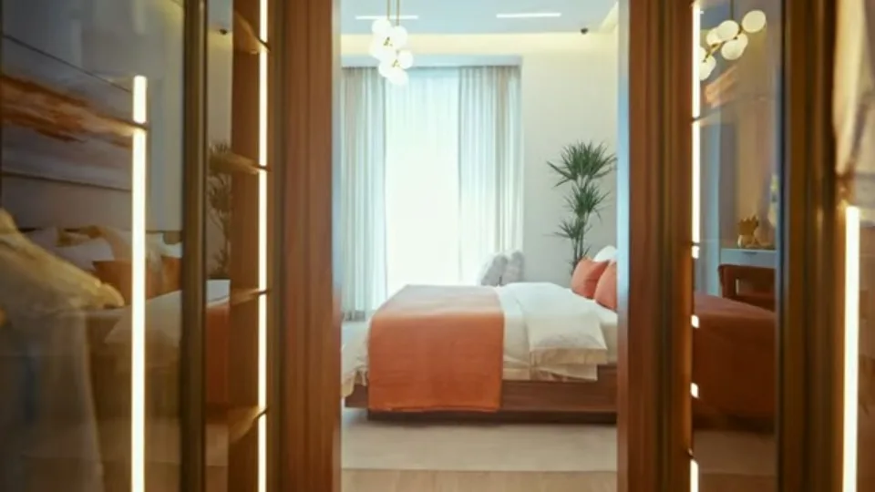 AMWAJ apartment — bedroom framed by a warm timber doorway