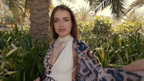 A fashion portrait in a palm-filled garden.